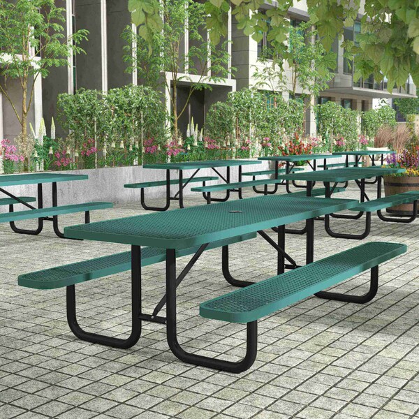 Flash Furniture Mantilla Rectangle Picnic Table, Green, Expanded Metal Mesh Top, Black Frame W/ Anchors, 8 ft L SLF-EML96-H60L-GN-GG - main